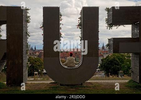 Erfurt lettering in front of the city, Petersberg Citadel, Federal Garden Show 2021, Erfurt, Germany Stock Photo