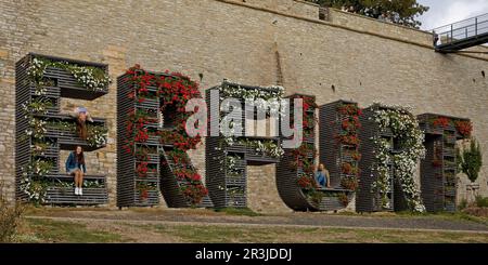 Lettering Erfurt in front of the Petersberg Citadel, Federal Garden Show 2021, Erfurt, Germany Stock Photo