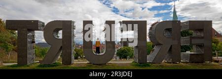 Erfurt lettering in front of the city, Petersberg Citadel, Federal Garden Show 2021, Erfurt, Germany Stock Photo