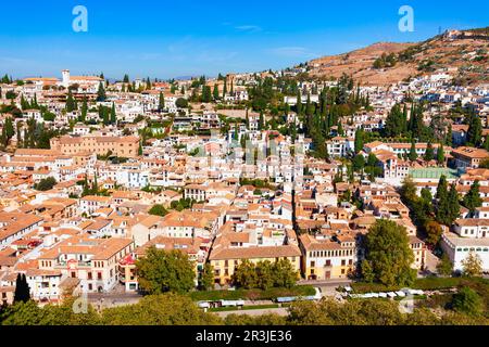 Granada aerial panoramic view. Granada is the capital city of the province of Granada in the community of Andalusia, Spain. Stock Photo