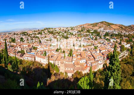 Granada aerial panoramic view. Granada is the capital city of the province of Granada in the community of Andalusia, Spain. Stock Photo