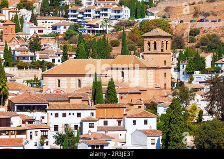 Parish Church of Our Savior or Iglesia Parroquial de Nuestro Salvador aerial panoramic view in Granada, the capital city of the province of Granada in Stock Photo