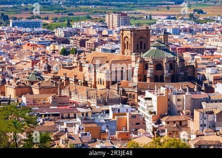 Granada Cathedral aerial panoramic view. Cathedral of Incarnation or Santa Iglesia Catedral is a Roman Catholic church in Granada city, Andalusia in S Stock Photo