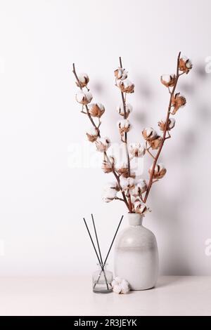 Reed diffuser and vase with cotton branches on table against white background Stock Photo
