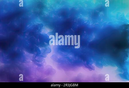 Color mist. Smoke cloud. Paint water wave. Blue glowing sparkling glitter particles fog floating on dark black abstract art background. copy space Stock Photo