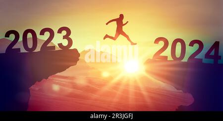 Man jumping on cliff 2024 at sunset. 2024 New Year. Starting and welcome happy new year 2024. People enters new year. New Start motivation inspiration Stock Photo