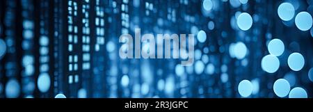 Blue digital binary data on computer screen with bokeh. Abstract information technology background. Digital binary code matrix background. Close-up wi Stock Photo