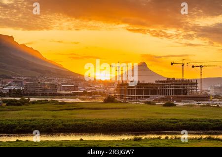 Construction cranes on building site at sunset in Cape Town Stock Photo