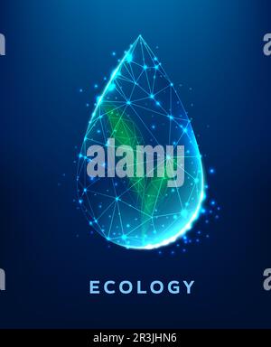 Water drop with green plant, ecology background. Clean environment or agriculture technology vector backdrop. Ecology science banner with glowing neon light digital wireframe, water drop and leaf Stock Vector
