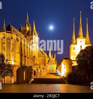 Erfurt Cathedral and Severikirche with full moon, Domplatz, Erfurt, Thuringia, Germany, Europe Stock Photo