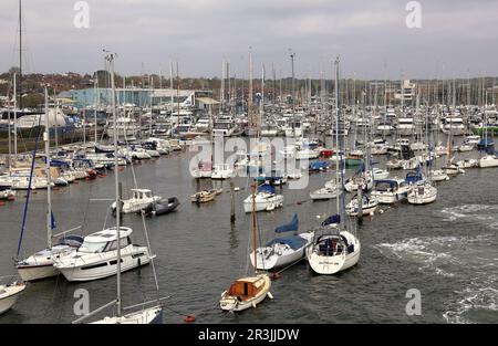 Lymington Harbour, on the Solent coast in Hampshire UK,  with moored yachts Stock Photo