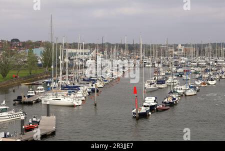 Lymington Harbour, on the Solent coast in Hampshire UK,  with moored yachts Stock Photo