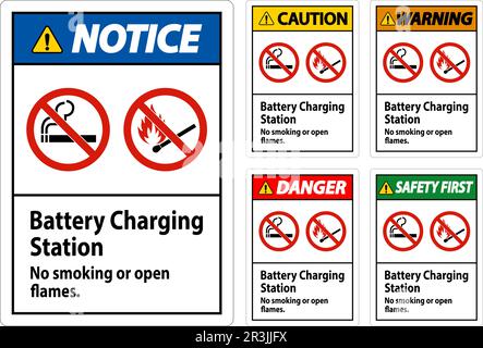 Caution Sign Battery Charging Station, No Smoking Or Open Flames Stock Vector