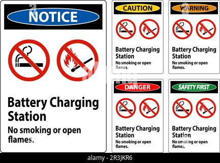 Caution Sign Battery Charging Station, No Smoking Or Open Flames Stock Vector