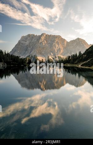 Lake Seebensee with reflection of Mountain Zugspitze at sunrise Stock ...