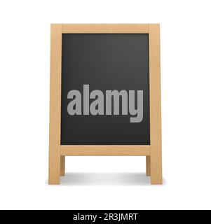 Wood board 3d vector mockup, isolated chalkboard featuring blank blackboard display in wooden frame for showcasing menu items or promotional content for coffee shops or street cafes Stock Vector