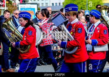 Sandnes, Norway, May 17 2023, Teenage Girls Marching Band Brass And Wind Section Sandnes Independence Day Stock Photo