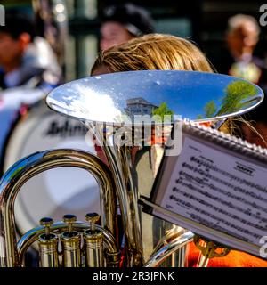 Sandnes, Norway, May 17 2023, Teenage Girls Marching Band Brass And Wind Section Sandnes Independence Day Stock Photo