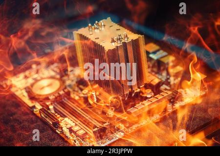 Computer Panel Fire Repair of a computer, detail of disassembled computer. Fire effect ...