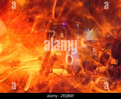 Drums and saxophone in pub. Fire effect Stock Photo