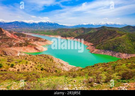 Lake Hisorak is a water reservoir near Shahrisabz city in Uzbekistan Stock Photo