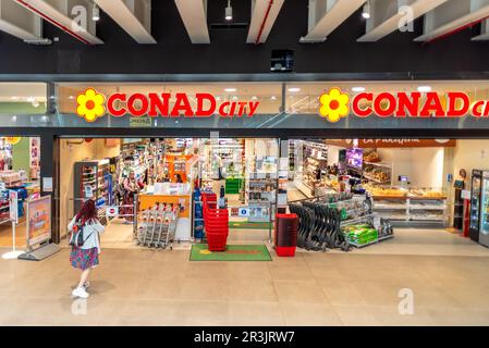 Turin, Italy - May 22, 2023: CONAD City store in Turin Lingotto Shopping Center, Conad (National Retail Consortium) is the first large-scale distribut Stock Photo