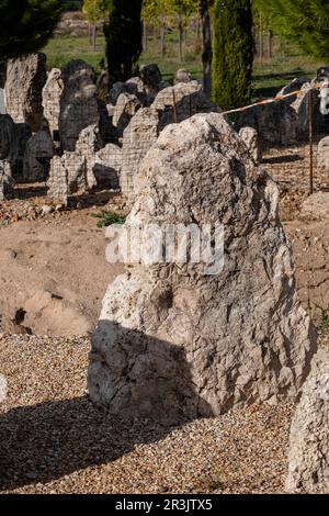 Vacceos funeral stele, necropolis of 'Las Ruedas', ancient Vaccea city of Pintia, Padilla de Duero, Valladolid province, Spain. Stock Photo