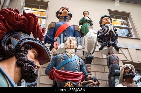 A collection of old naval warship figureheads at the National Maritime Museum (NMM) in Greenwich, London. These elaborate and colourful artifacts prov Stock Photo