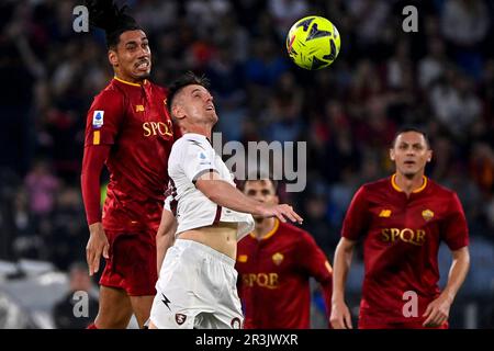 Chris Smalling of AS Roma and Krzysztof Piatek of US Salernitana during the Serie A football match between AS Roma and US Salernitana 919 at Olimpico Stock Photo