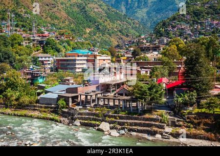 Beas river near Kullu town aerial panoramic landscape, Kullu valley in Himachal Pradesh state in India Stock Photo