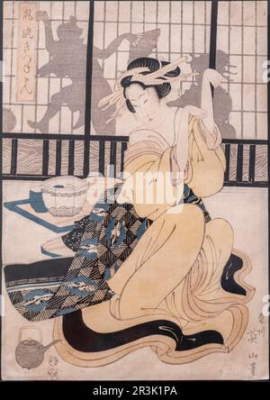 Furyu kitsune ken (The elegant fox game), Wood engraving on paper, 1824, Kikugawa Eizan hitsu, Museo de Bellas Artes, Bilbao, Spain. Stock Photo