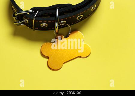Black leather dog collar with golden tag in shape of bone on yellow background, closeup. Space for text Stock Photo