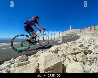 France, female cyclist on her way on the north side of the Mont Ventoux Stock Photo