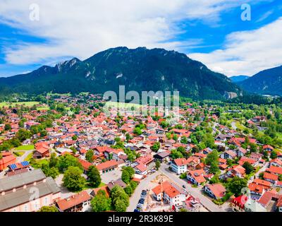 Oberammergau aerial panoramic view. Oberammergau is a town in the district of Garmisch-Partenkirchen in Bavaria, Germany Stock Photo