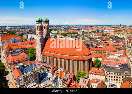 Frauenkirche aerial panoramic view. Frauenkirche or Cathedral of Our Dear Lady is a catholic church in Munich, Bavaria in Germany Stock Photo