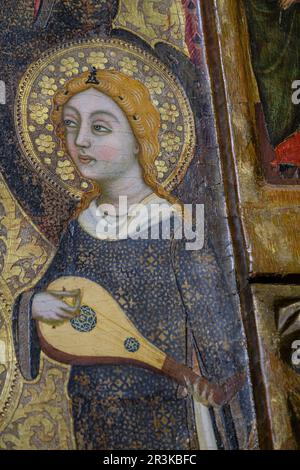 angel with Moorish guitar, Mother of God of humility with musical angels altarpiece, Francesc Comes, 1390-94, Parish of La Mare de Deu dels Angels, pollensa museum, Majorca, Balearic Islands, Spain. Stock Photo