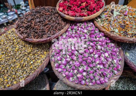 dried flowers for cooking and aromatic decoration, marrakesh, morocco, africa. Stock Photo