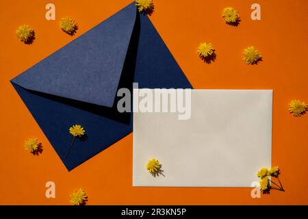 Beautiful little yellow chamomile daisies flowers on postal blue envelope on orange background, empty paper note copy space for Stock Photo