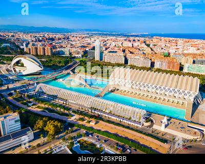 Valencia, Spain - October 15, 2021: The City of Arts and Sciences or Ciudad de las Artes y las Ciencias aerial panoramic view. It is a cultural and ar Stock Photo
