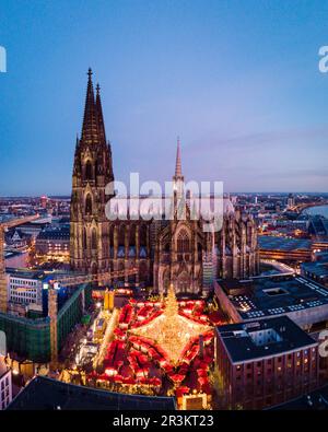 Cologne Germany Christmas market, aerial drone view over Cologne rhine river Germany Cathedral Stock Photo