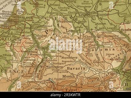 Vintage geographical map of Germany, France, Belgium and the Netherlands in sepia. Stock Photo