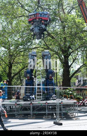 Leicester Square, London, UK. 24th May 2023. Transformers: Rise of the Beasts, constructing Optimus Prime in Leicester Square. Credit: Matthew Chattle/Alamy Live News Stock Photo