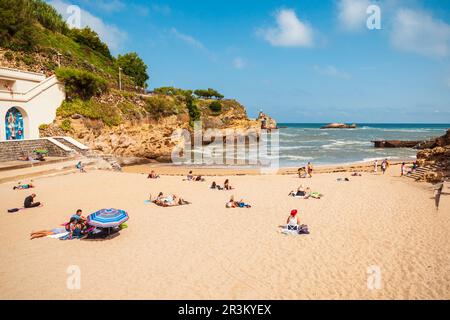 BIARRITZ, FRANCE - SEPTEMBER 18, 2018: Plage du Port Vieux is a public beach in Biarritz city on the Bay of Biscay on the Atlantic coast in France Stock Photo