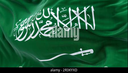 Close-up view of Saudi Arabia national flag waving in the wind Stock Photo