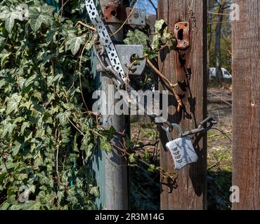 Steel Chain With Combination Lock On Wooden Fence, Berlin, Germany Stock Photo