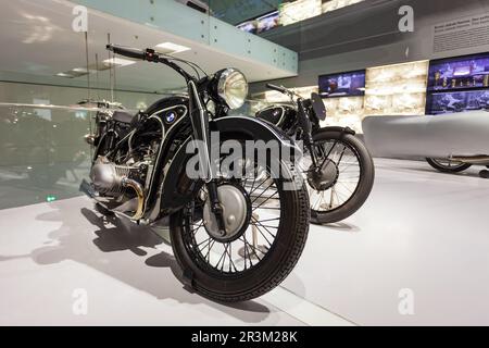 Munich, Germany - July 08, 2021: Vintage retro motorbike in BMW Museum. It is an automobile museum of BMW history located near the Olympiapark in Muni Stock Photo