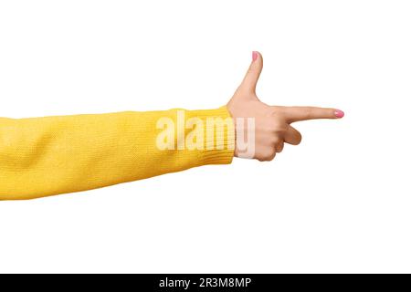 Woman's hand points a finger at something,  isolated on white background Stock Photo