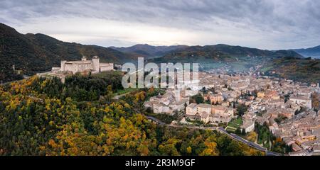 Panorama view of historic Spoleto with the Rocca Albornoziana fortress and cathedral Stock Photo