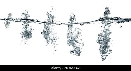 A series of splashes into crystal clear water creating a line of bubbles increasing in size Stock Photo
