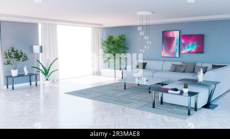 Internal view of an open space with big windows, large size, modern and contemporary style. Luxury houses. Natural light. Living room. Architecture Stock Photo